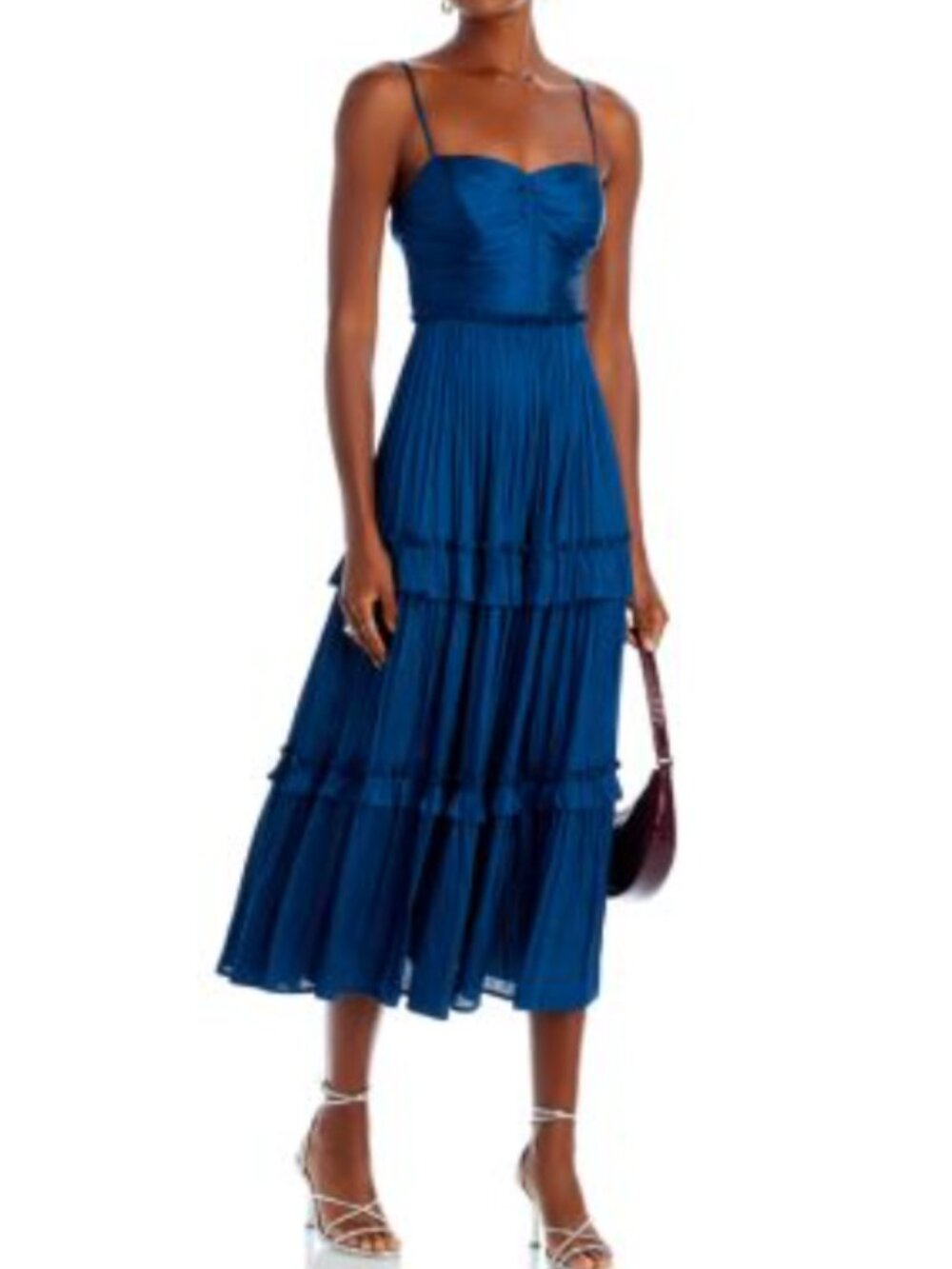 AQUA Navy Tiered Midi Dress Ruched Top Bodice Size S Retail Price $118.00